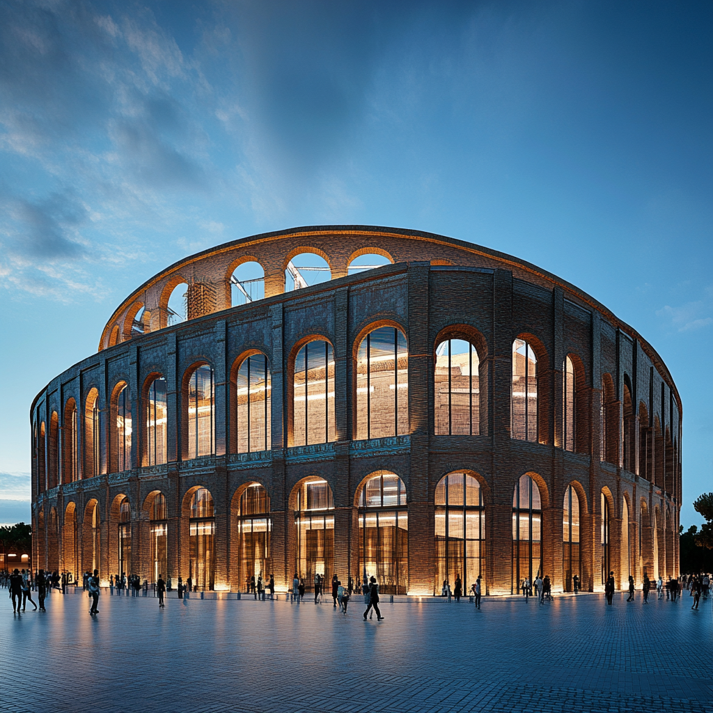 Modern Colosseum-inspired arena with glass windows at dusk