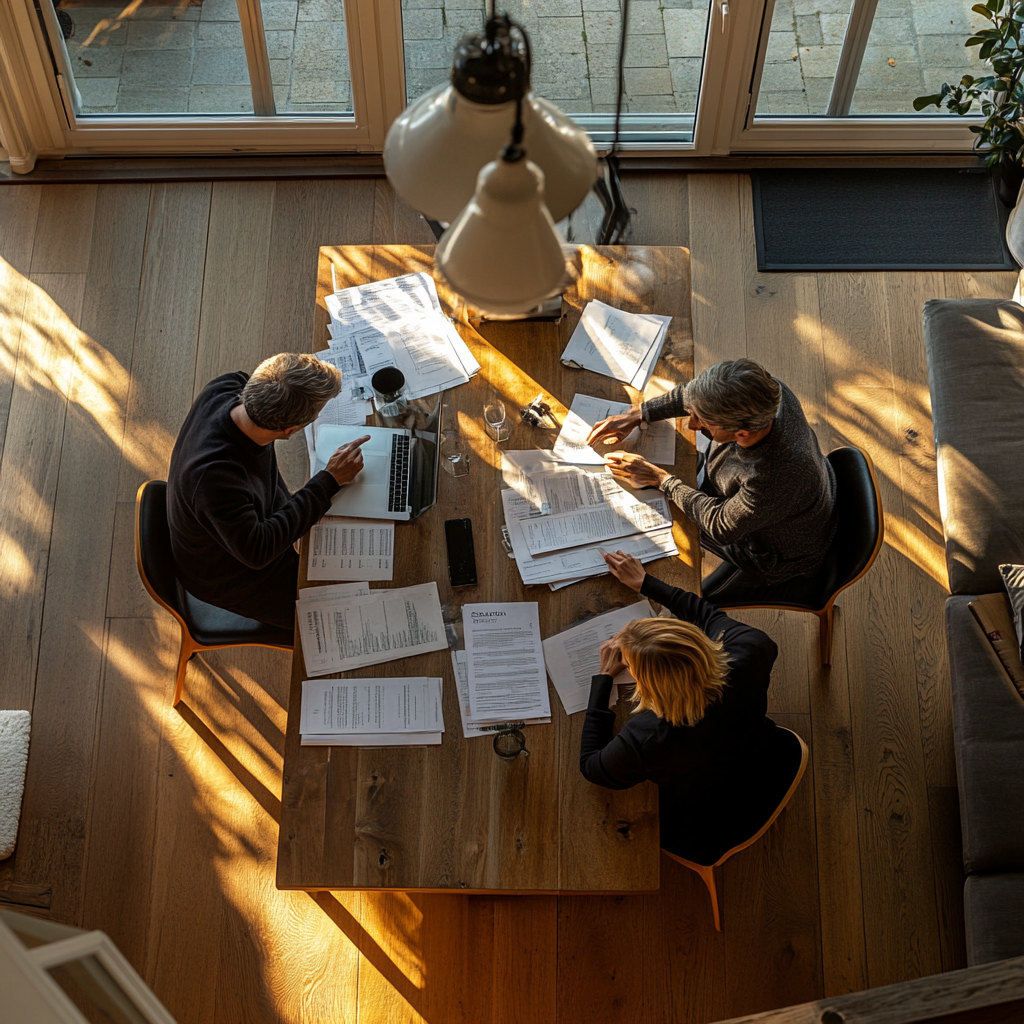 Modern Dining Room with People Overlooking Legal Papers 