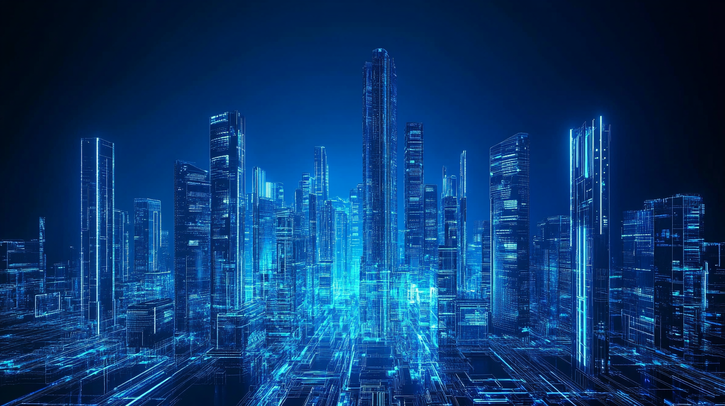 Modern Electric City with futuristic high-rise buildings, blue background.