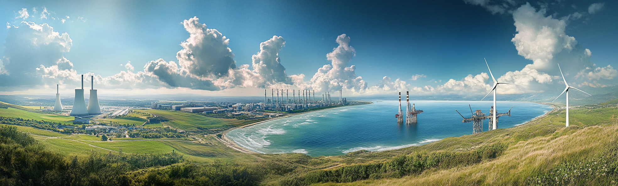 Modern Energy Landscape: Power Plants, Ocean Turbines, Oil Platform