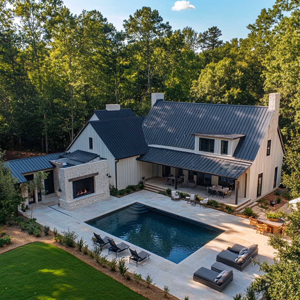 Modern Farmhouse Backyard with Pool and Patio Oasis