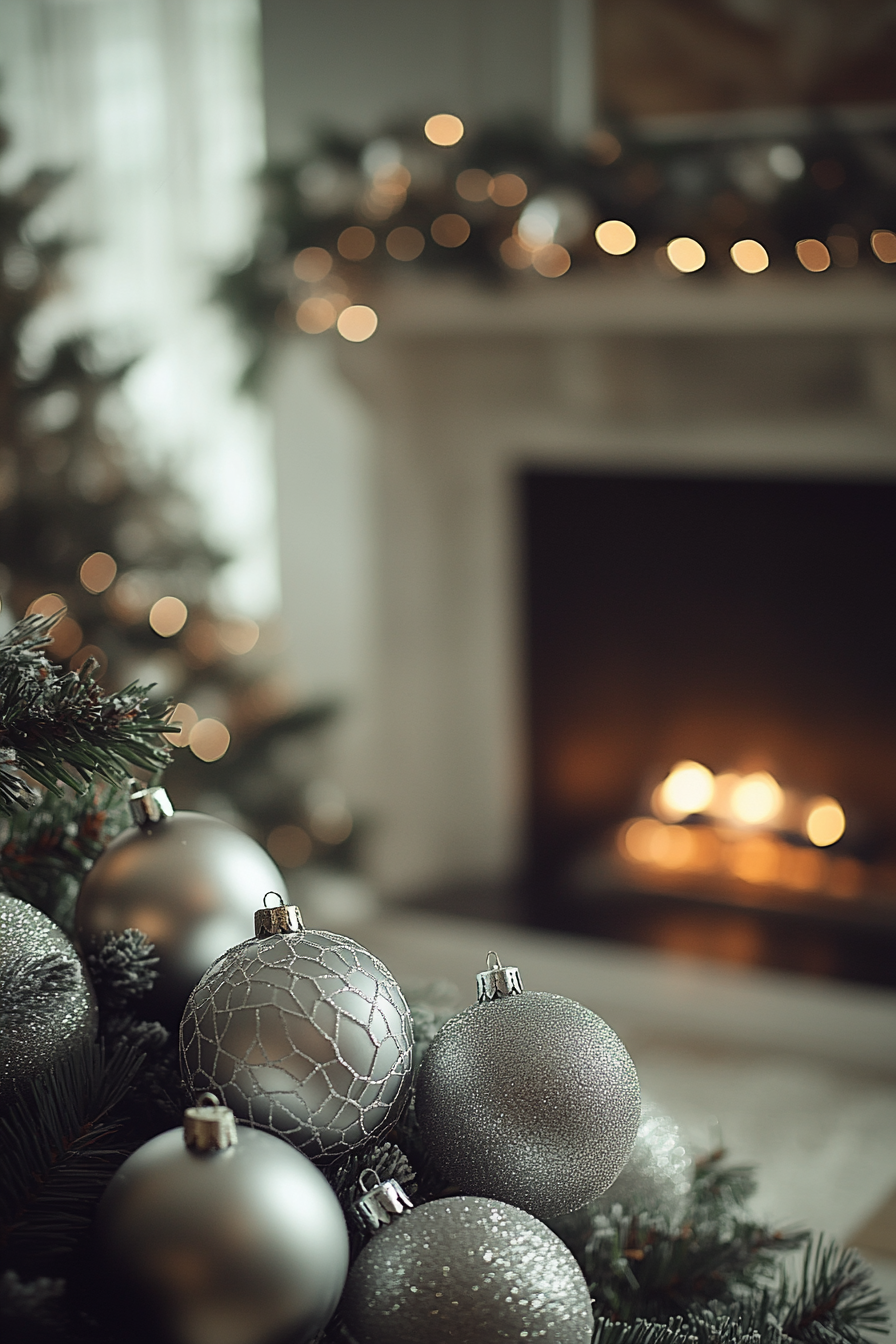 Modern Fireplace with Stylish Bauble Arrangement in Monochrome