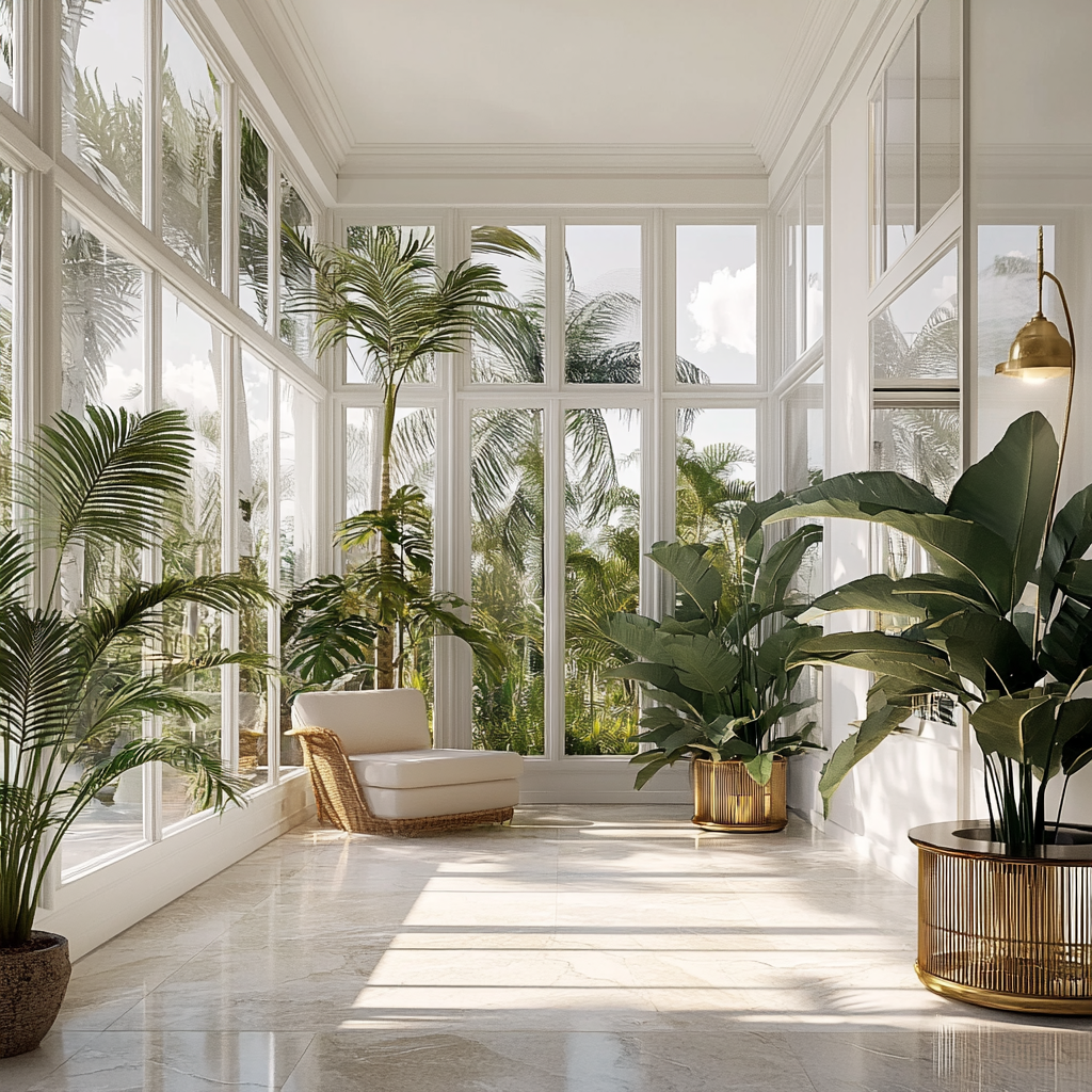 Modern French Style Terrace with Tropical Plants and Gold