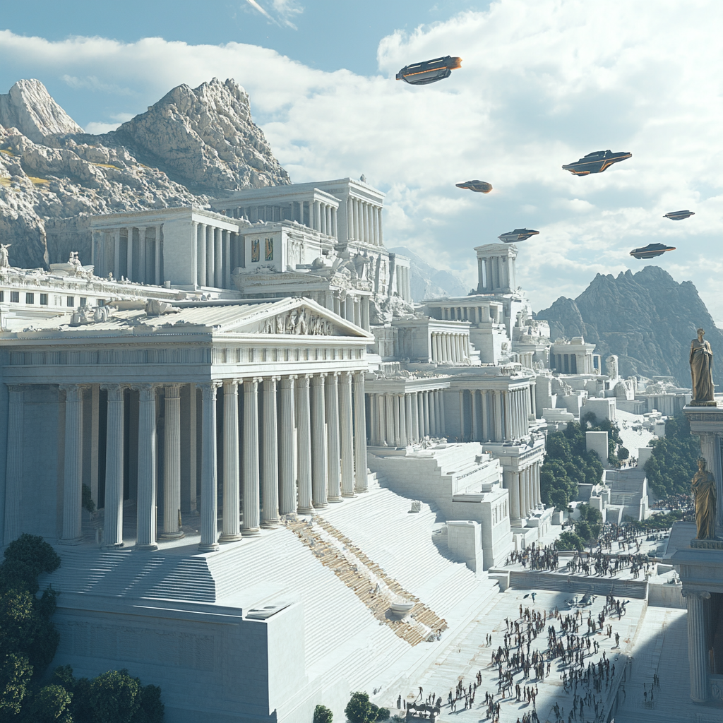 Modern Greek city with futuristic twist; white marble buildings, holographic projections, flying vehicles, digital discussions, statues, high-tech Parthenon.