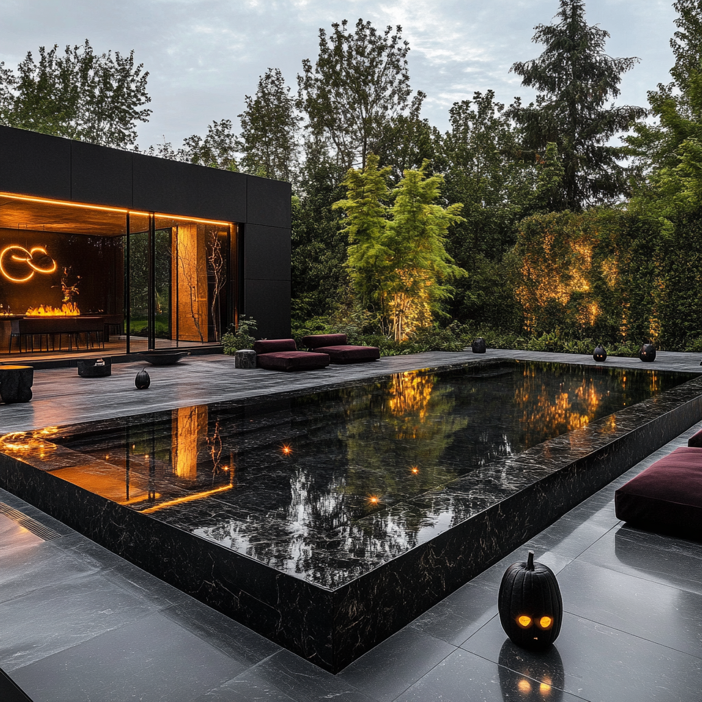 Modern Infinity Pool Oasis with Halloween Decor