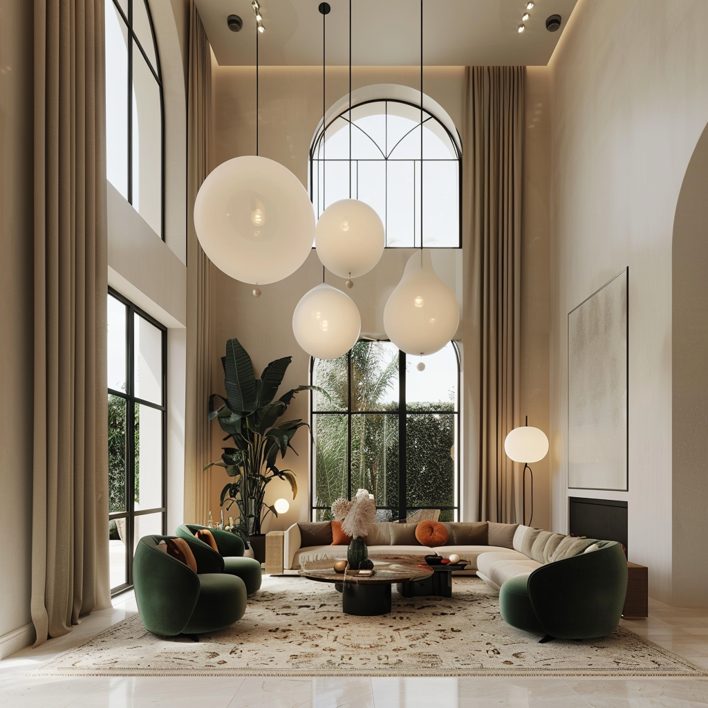 Modern Living Room with High Ceilings and Neutral Tones 