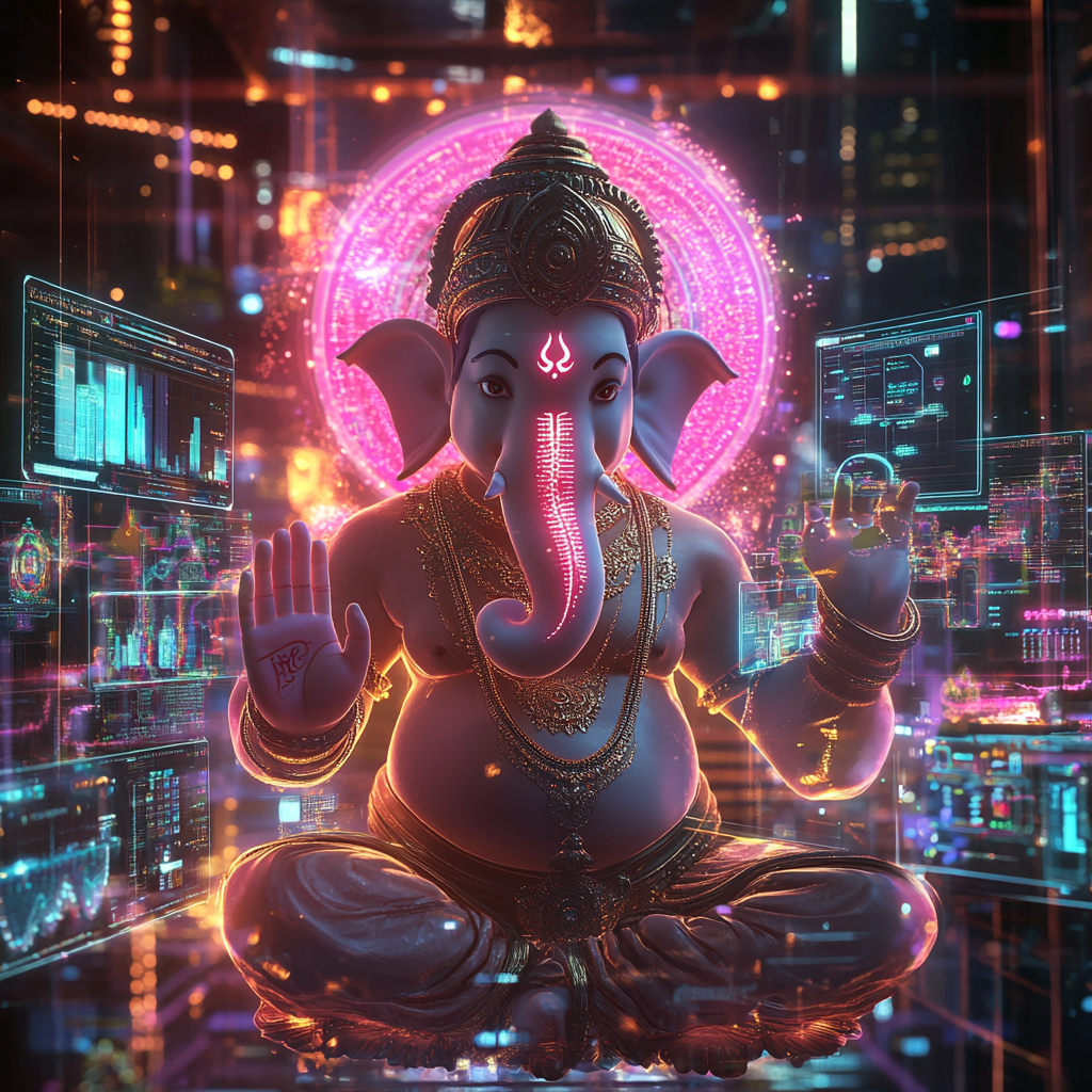 Modern Lord Ganesha surrounded by digital marketing metrics and tools.