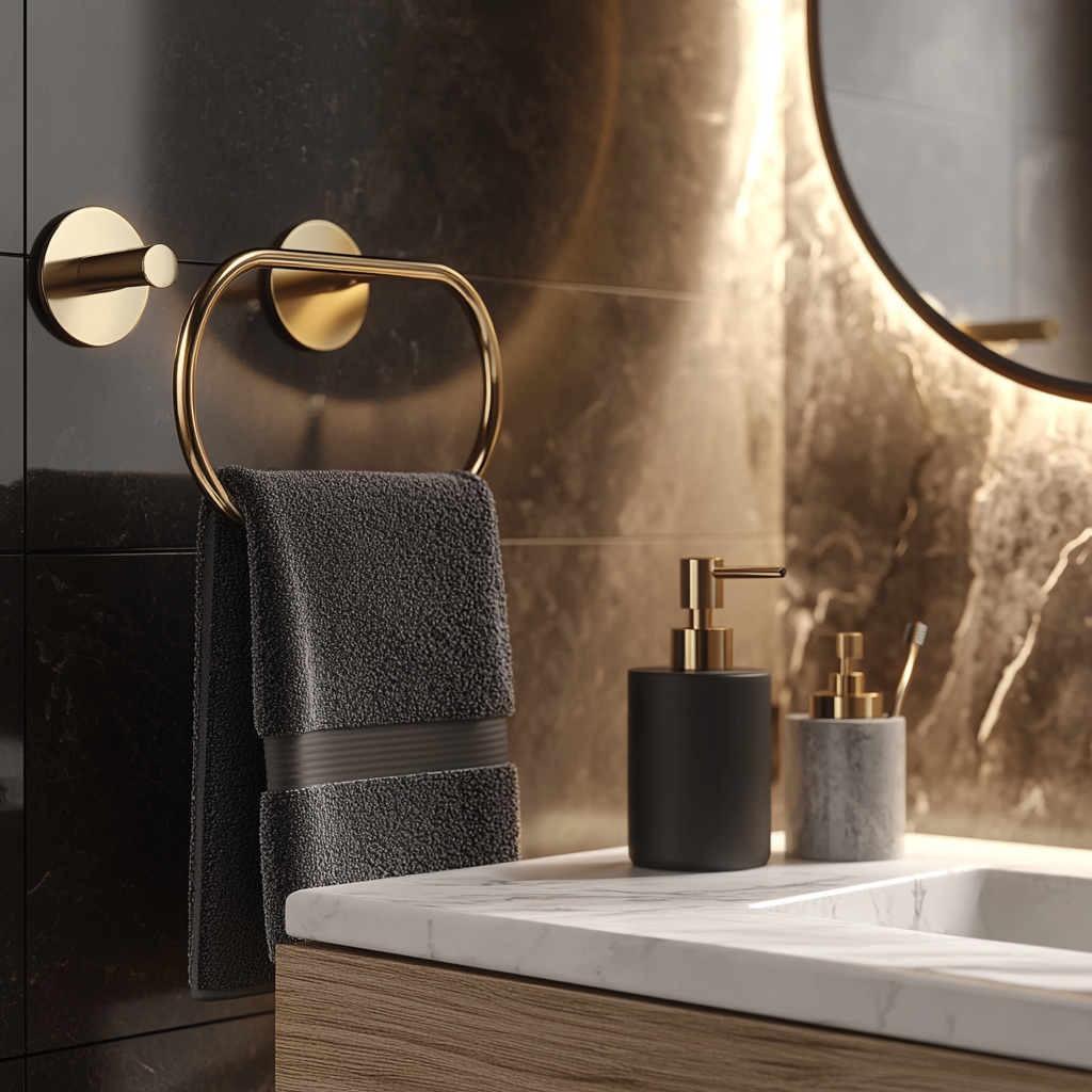 Modern Luxury Bathroom Accessories: Black, Gold, Marble, Wood