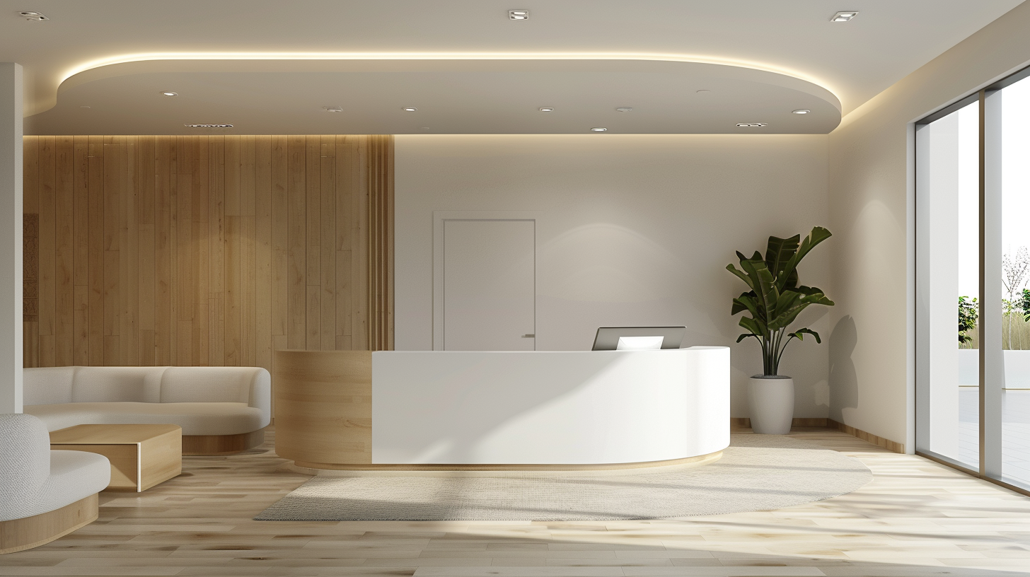 Modern Minimalist Reception Area with Neutral Tones & Contemporary Furniture