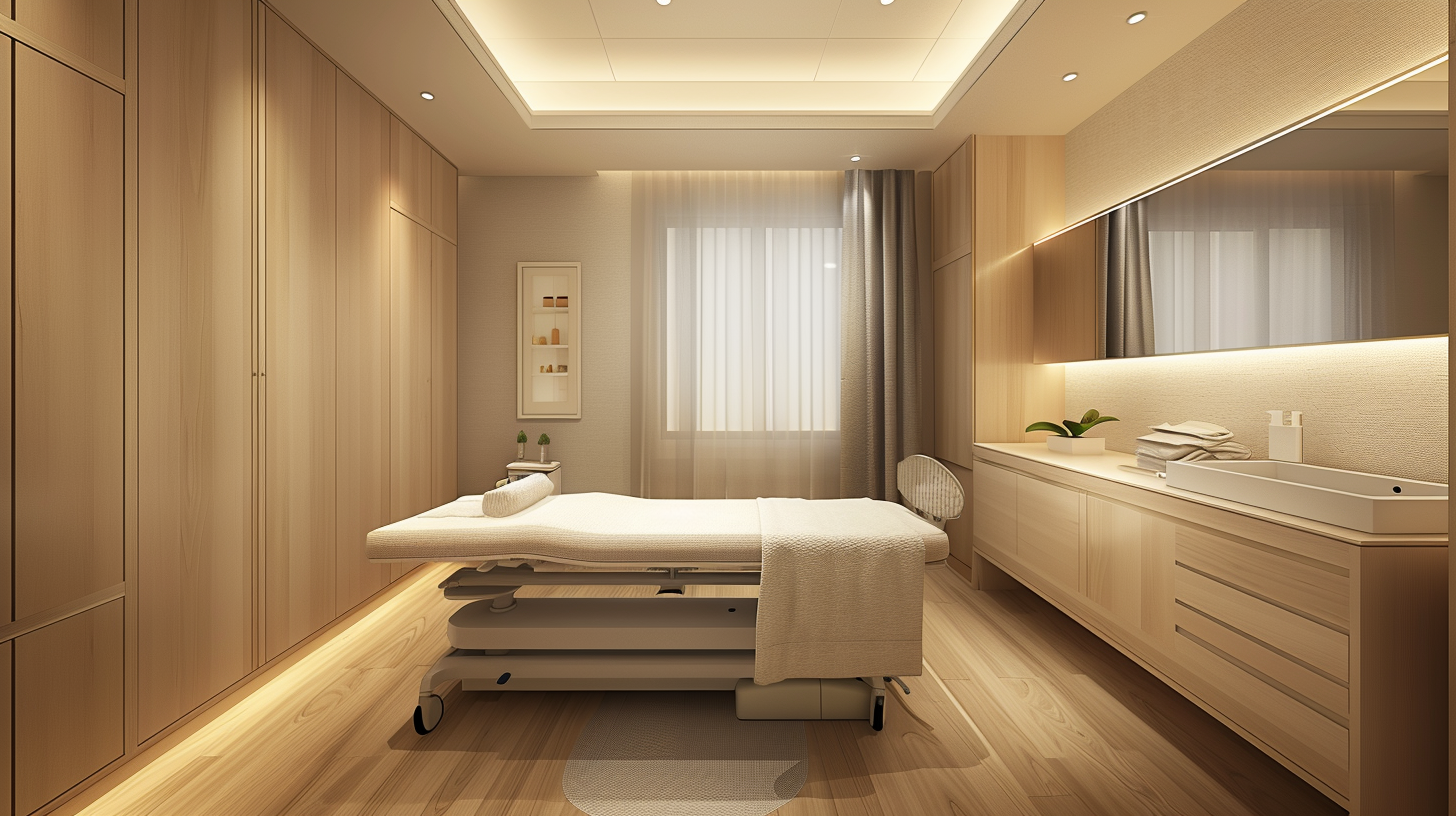 Modern Minimalist Treatment Room with Subdued Lighting and Storage