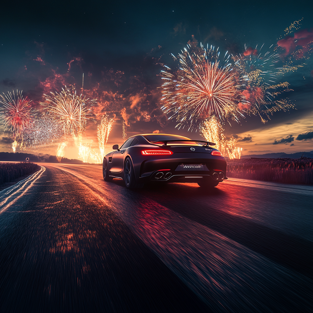 Modern Nissan Skyline driving with fireworks in background