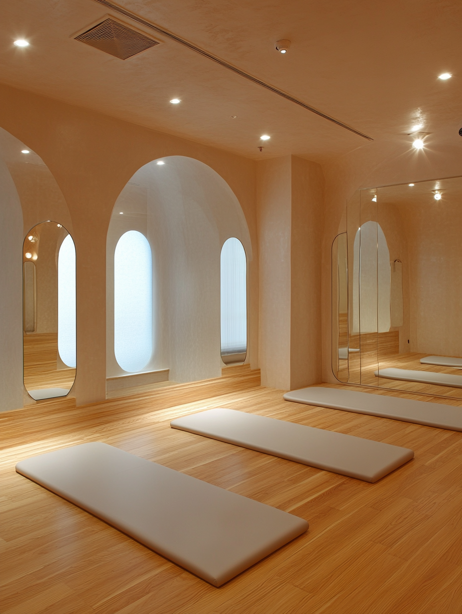 Modern Pilates Room with Mirrors and Parquet Flooring