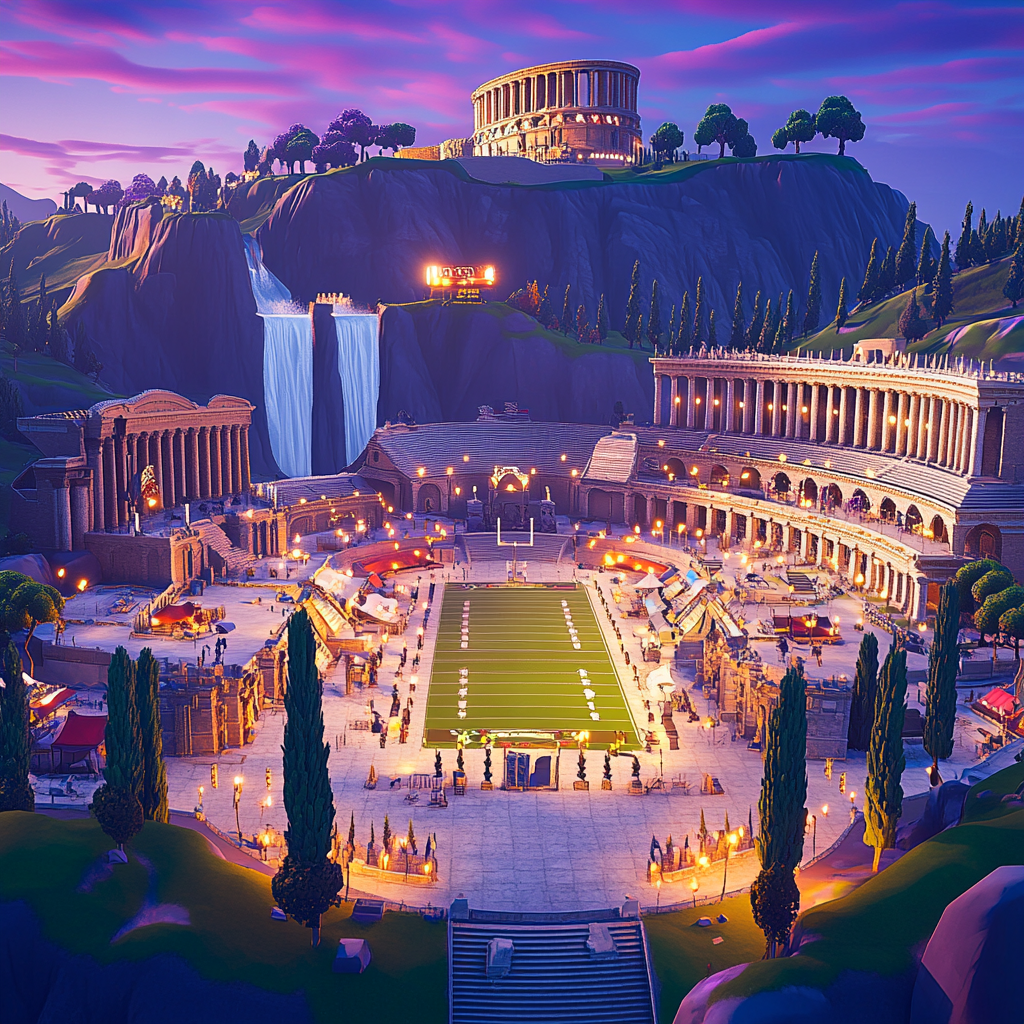 Modern Roman music festival with American football field, waterfalls.