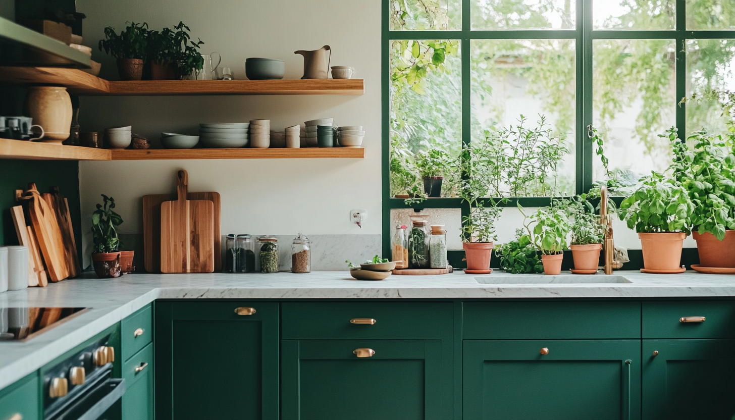 Modern Sunlit Kitchen with Green Cabinets, Wooden Accents