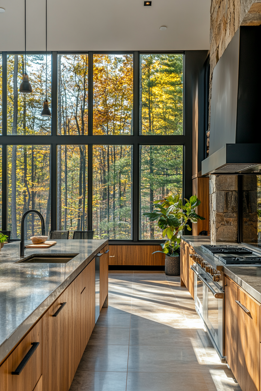 Modern Wilderness Kitchen with Expansive Forest Views