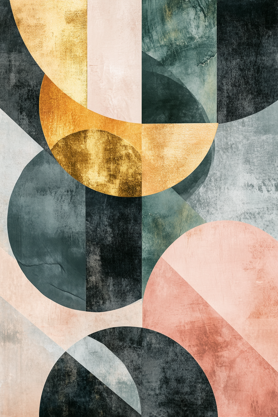 Modern abstract artwork with geometric shapes and watercolor washes.