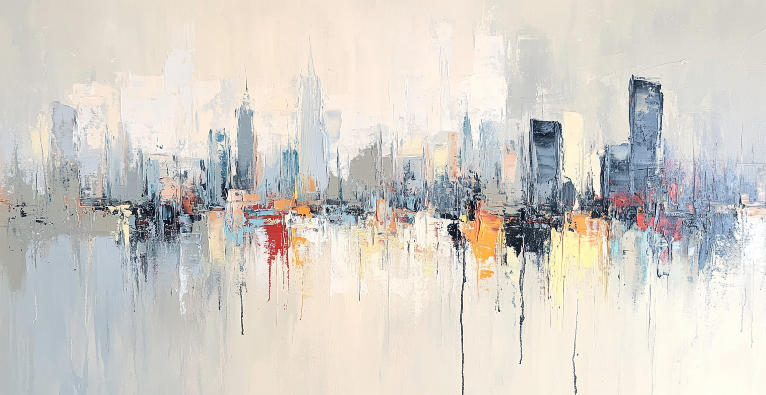 Modern abstract painting of Glasgow in white, gray, silver.