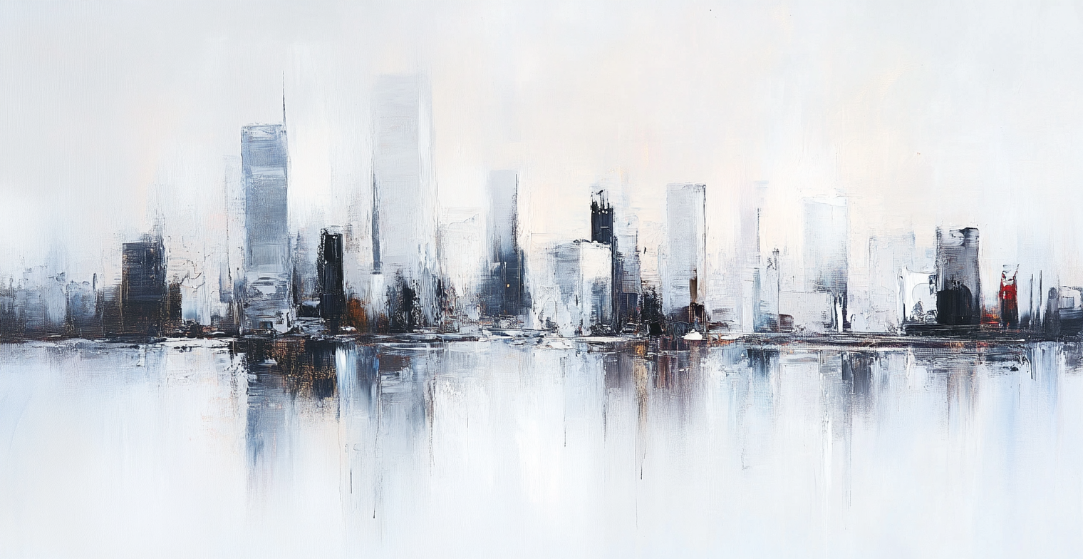 Modern abstract painting of Glasgow skyline, light colors.