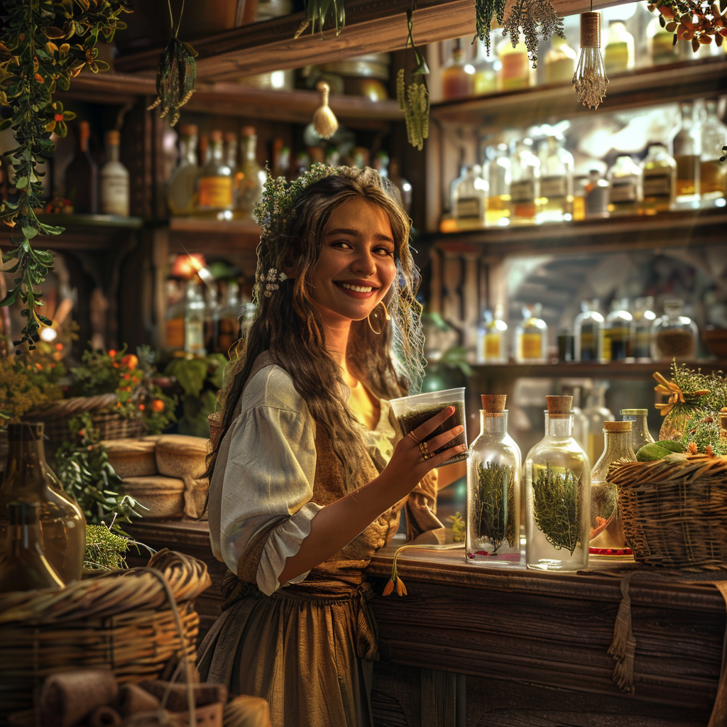 Modern ancient apothecary with glass bottles, herbs, Maori witch.