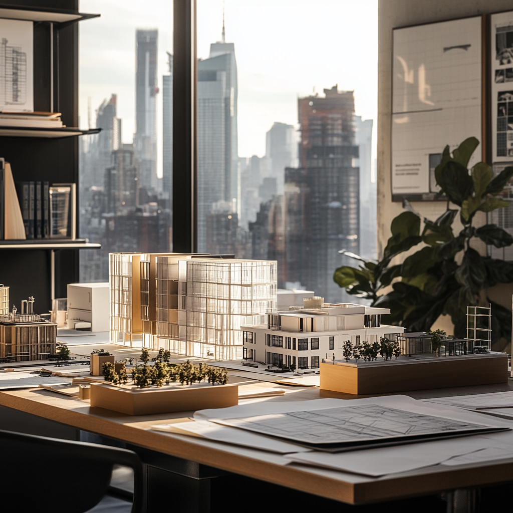 Modern architect's office with building models and city view