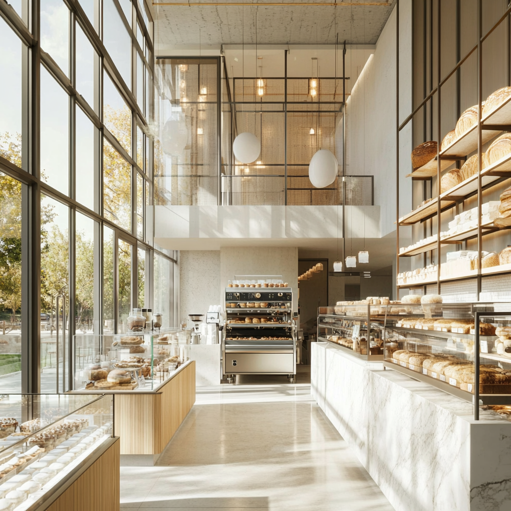 Modern bakery and cafe with glass walls, work space, park view, coffee roaster.