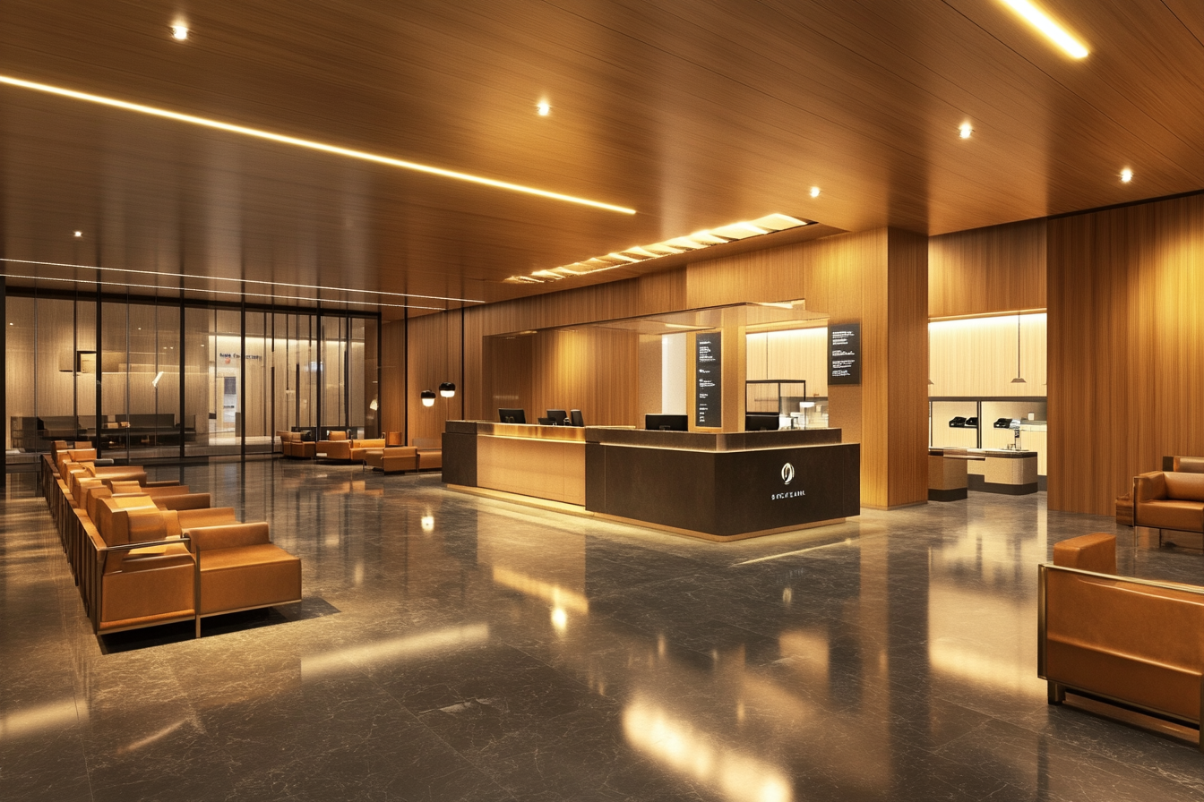 Modern bank lobby with sleek decor and seating.