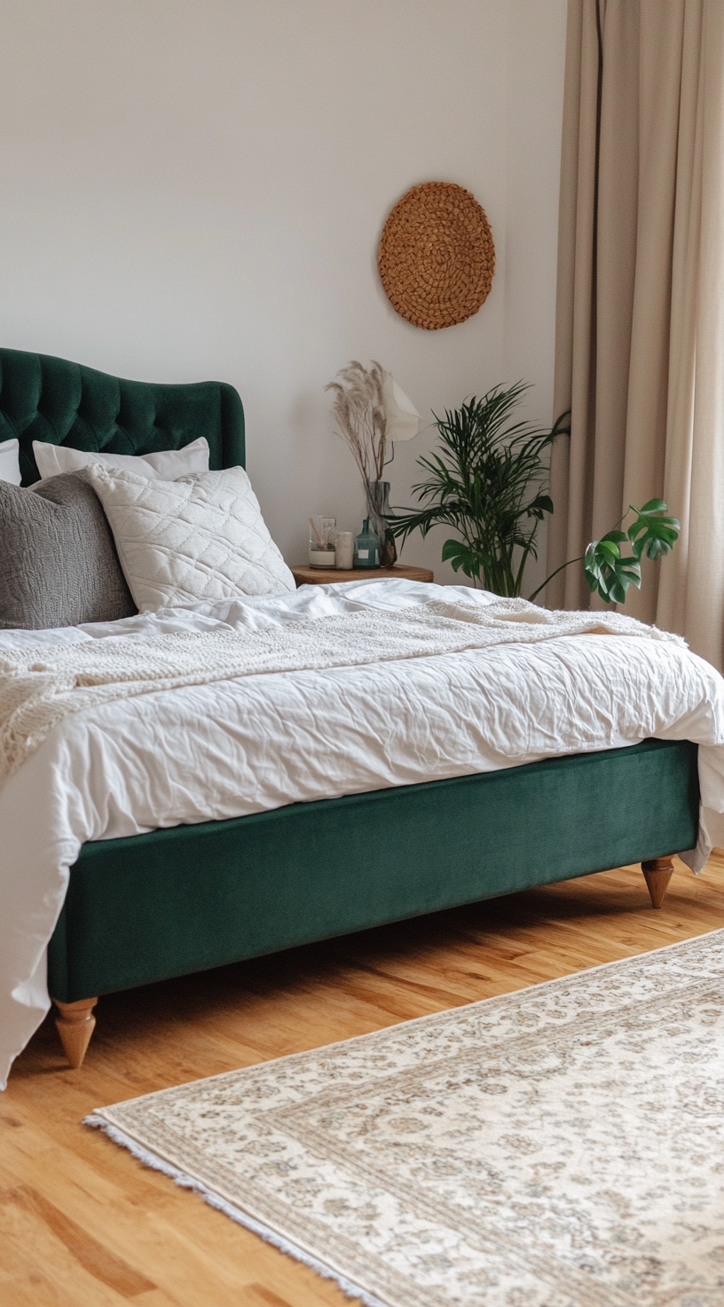 Modern bedroom with green bed, white pillows, plants.