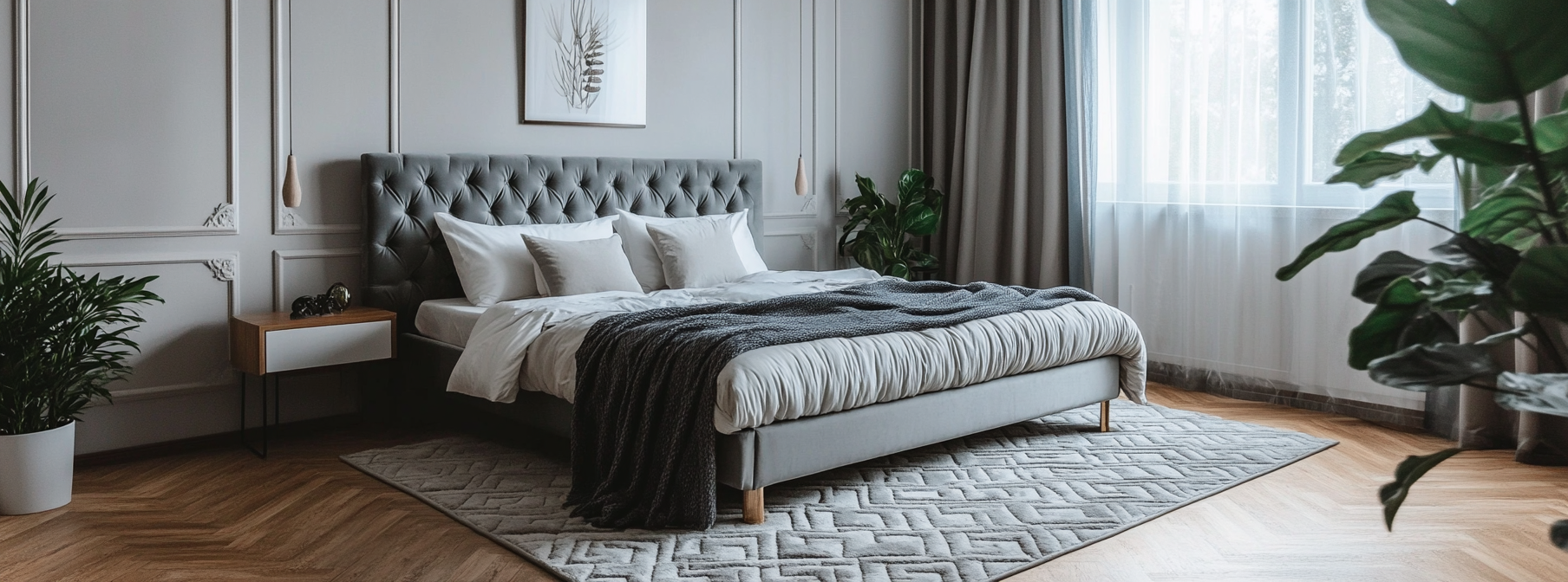 Modern bedroom with grey bed and geometric carpet