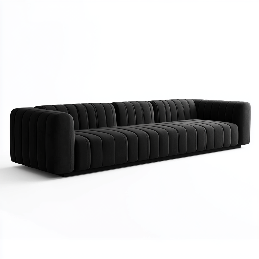 Modern black long sofa with stiff soft seating.