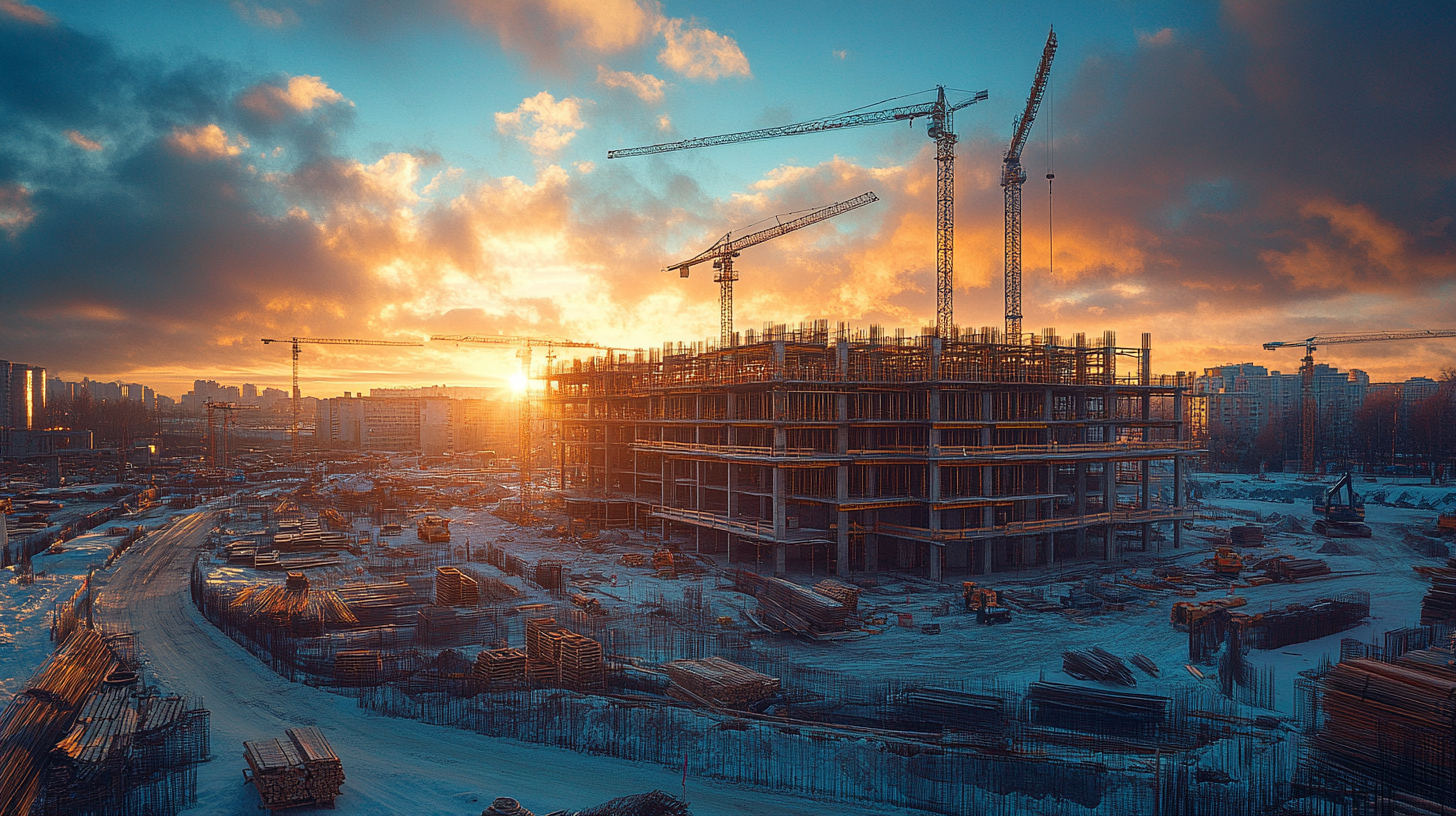 Modern building site with construction equipment in sunrise.