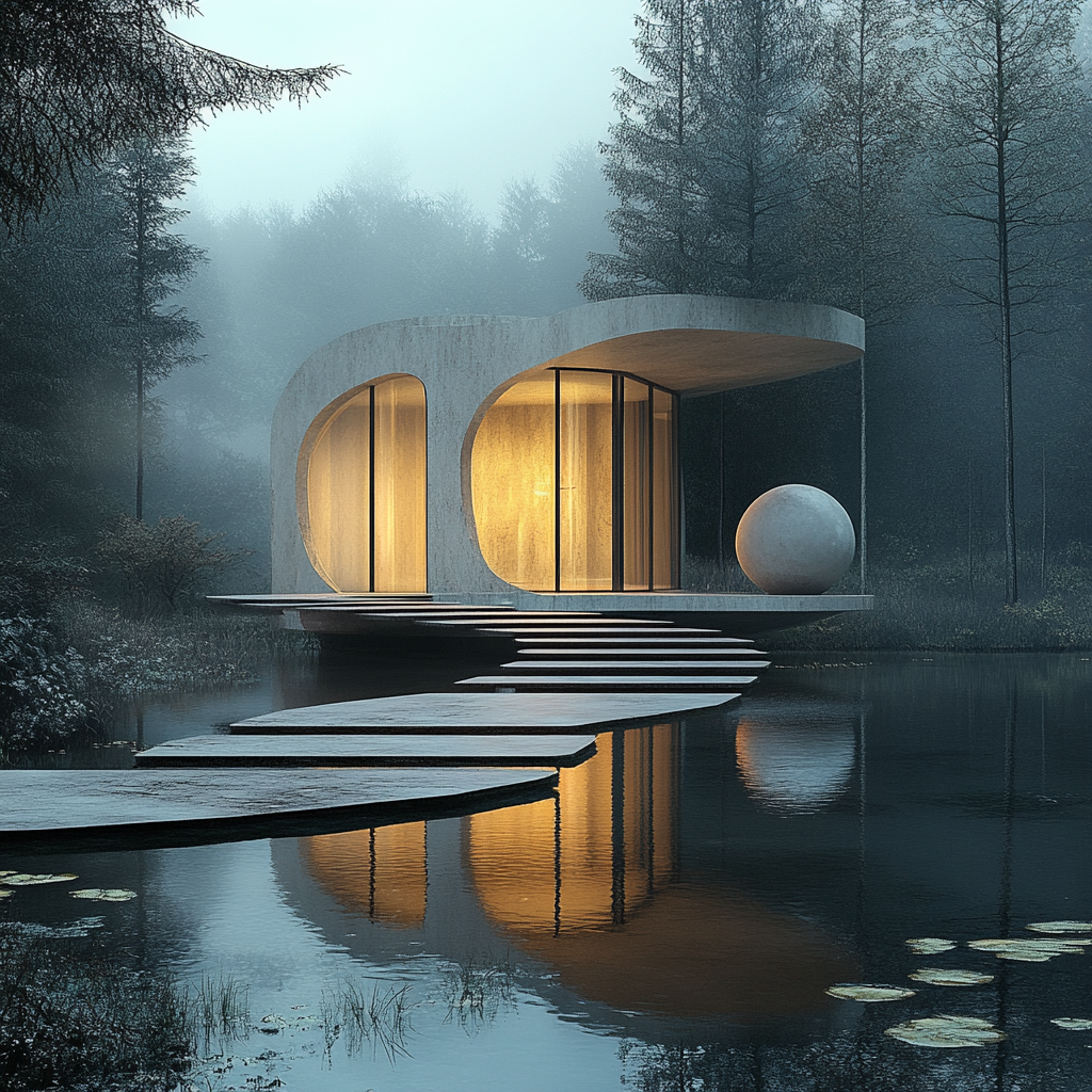 Modern cabin on flat platform supported by spheres in lake.