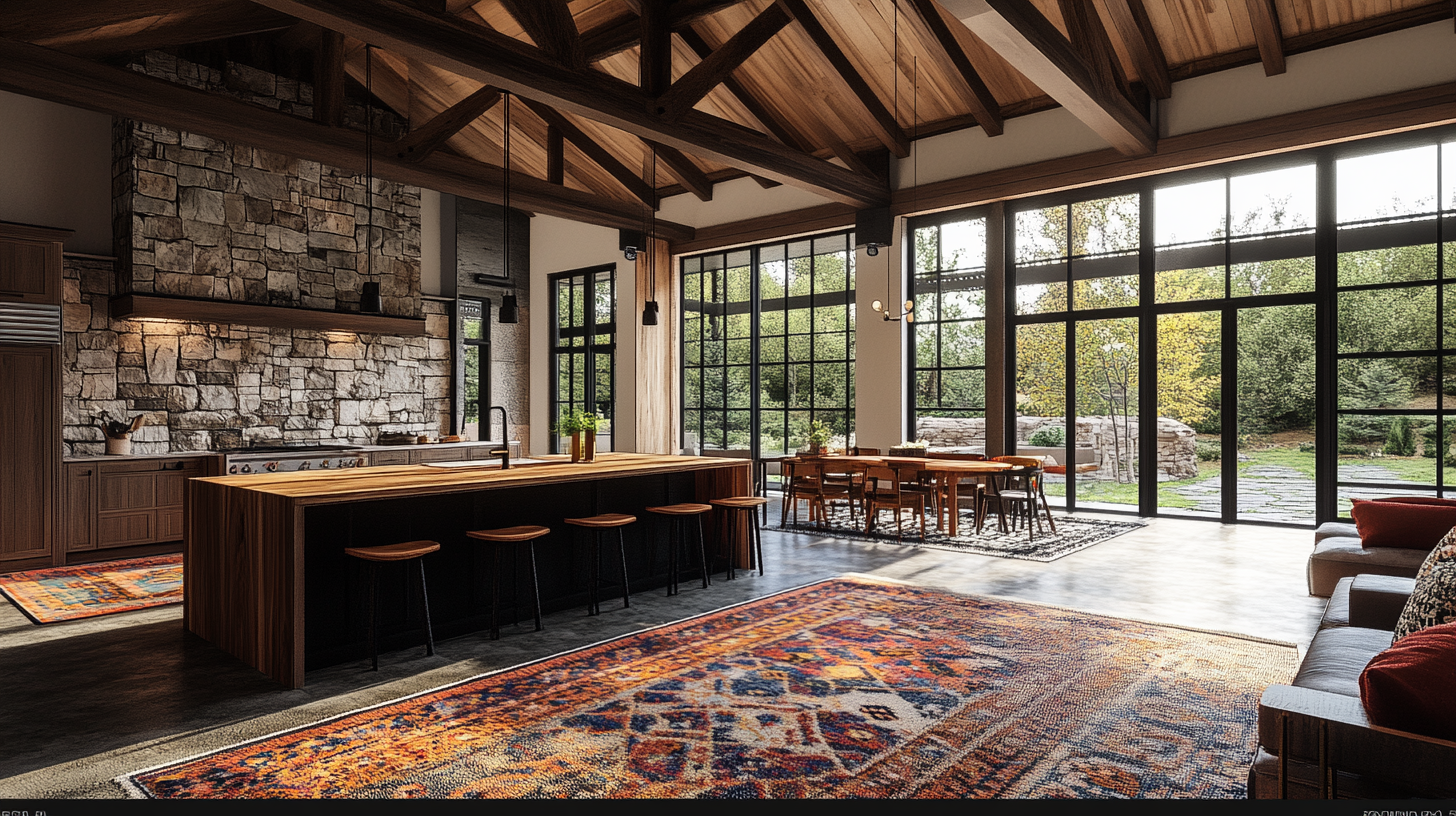 Modern cabin with large windows, colorful rug, kitchen island.
