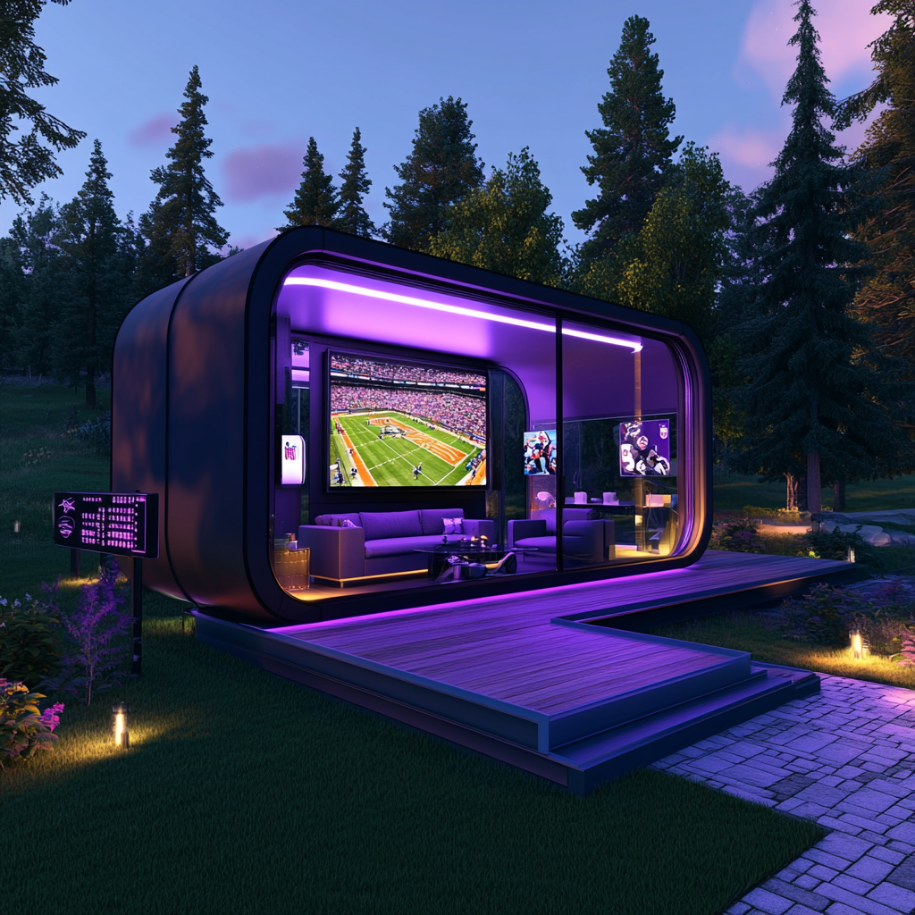 Modern camper pods, Vikings themed, glass and steel, Madden icons.