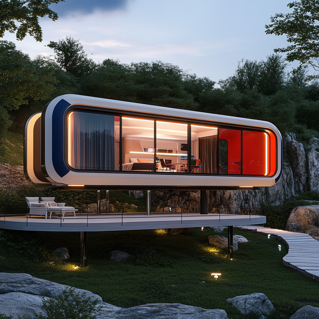 Modern camper pods with New England Patriots theme on cliff.