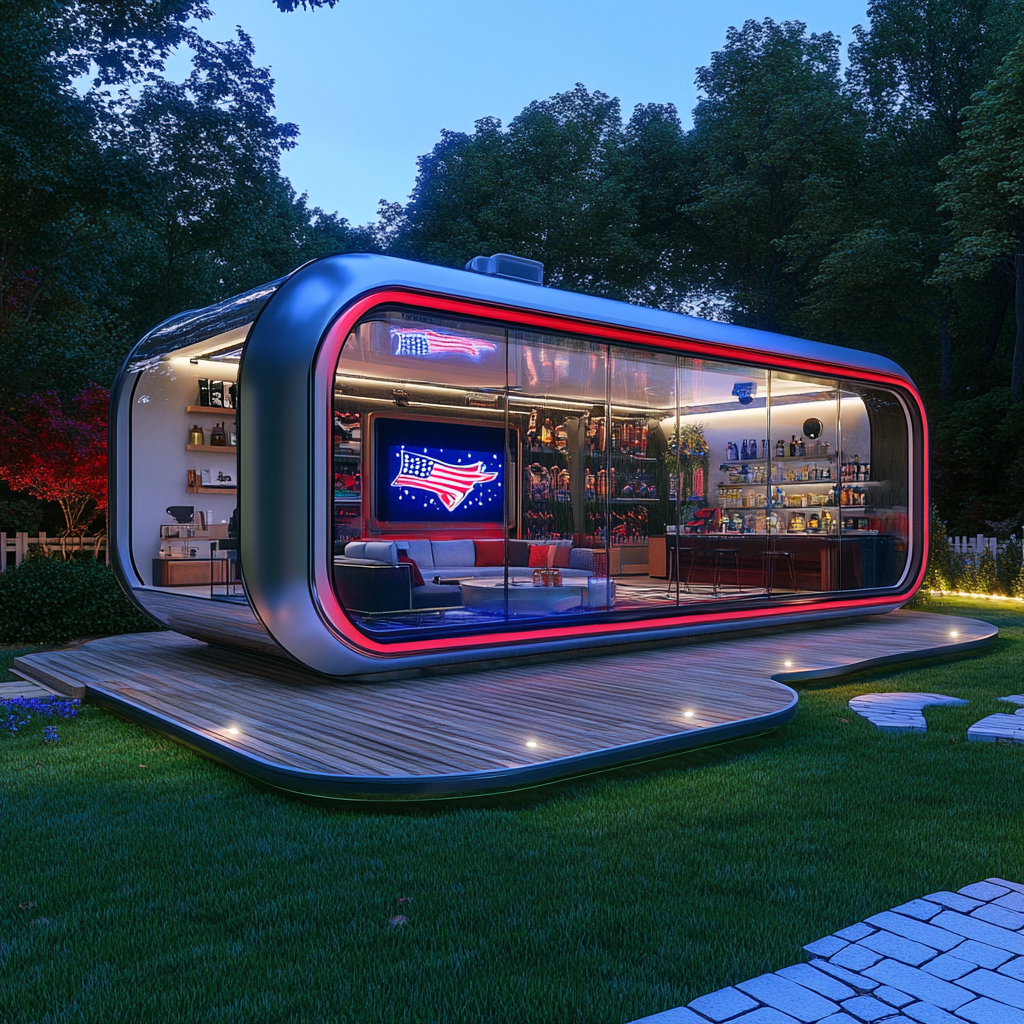 Modern camper pods with Patriots theme, pod cast studio.