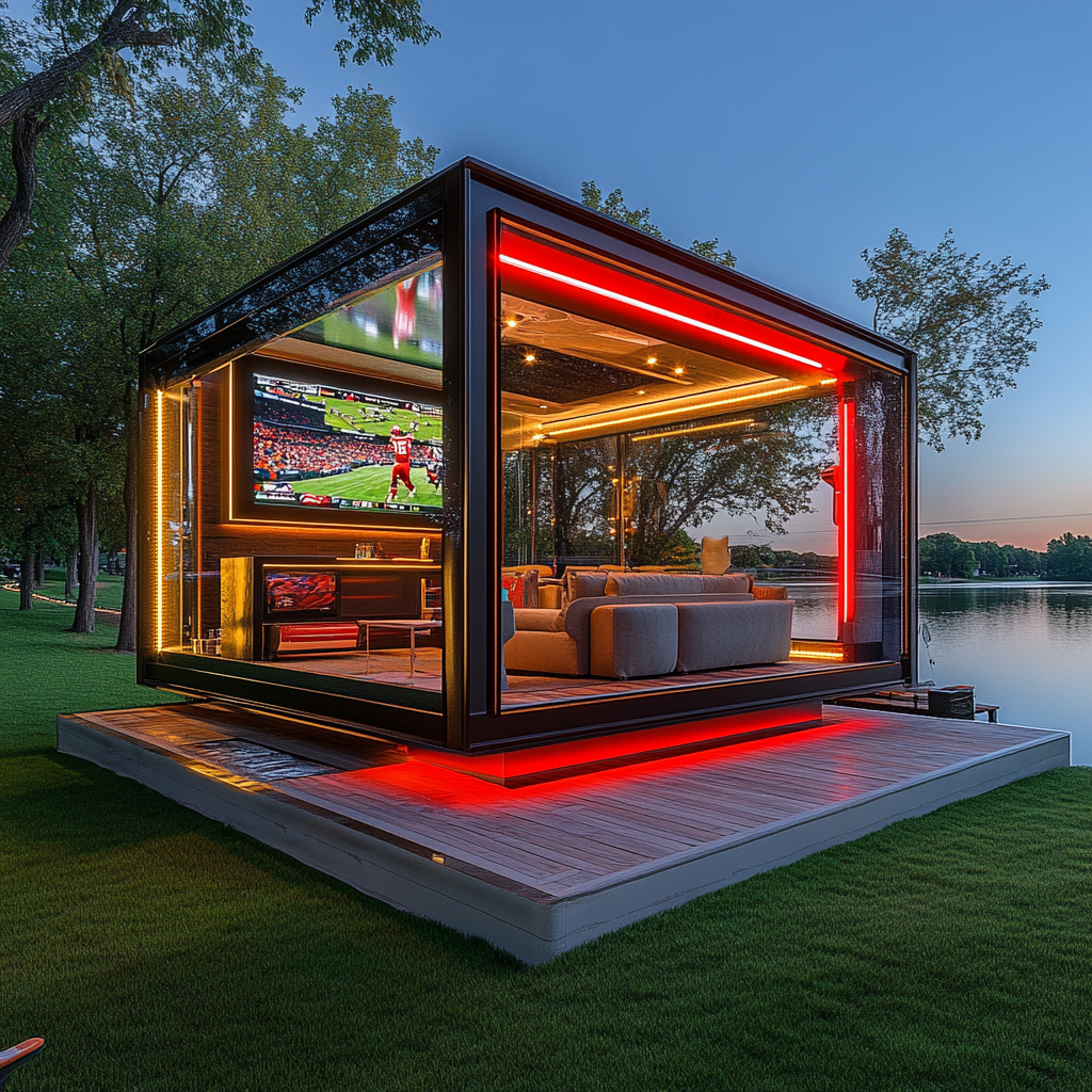 Modern camper pods with sports-themed man cave interior.