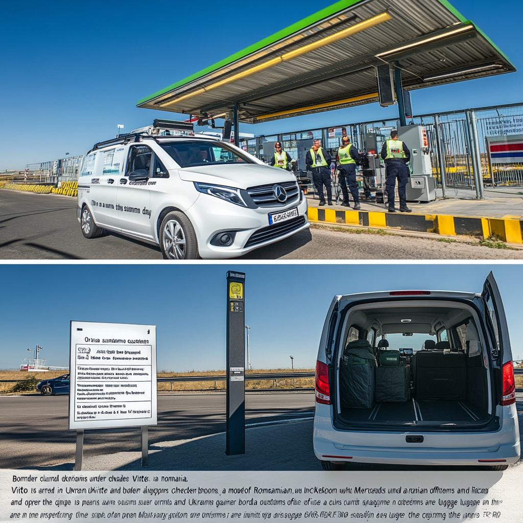 Modern car at customs checkpoint on sunny border day.