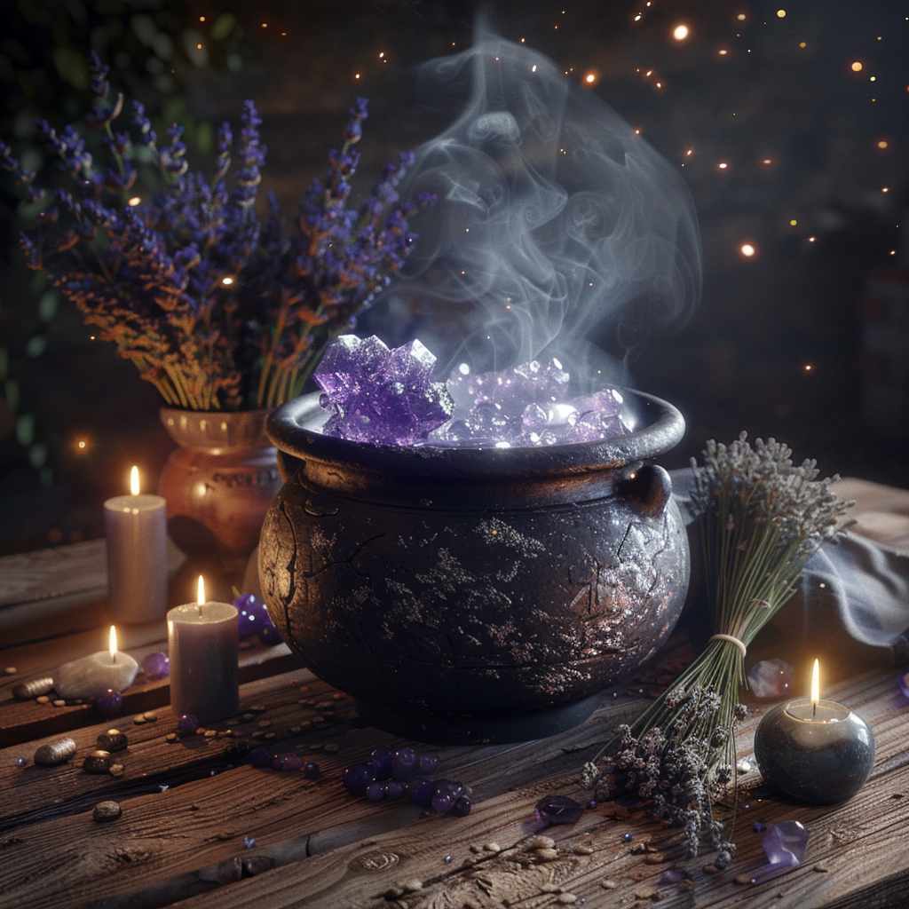 Modern cauldron with bubbling magic potion, candles, crystals.