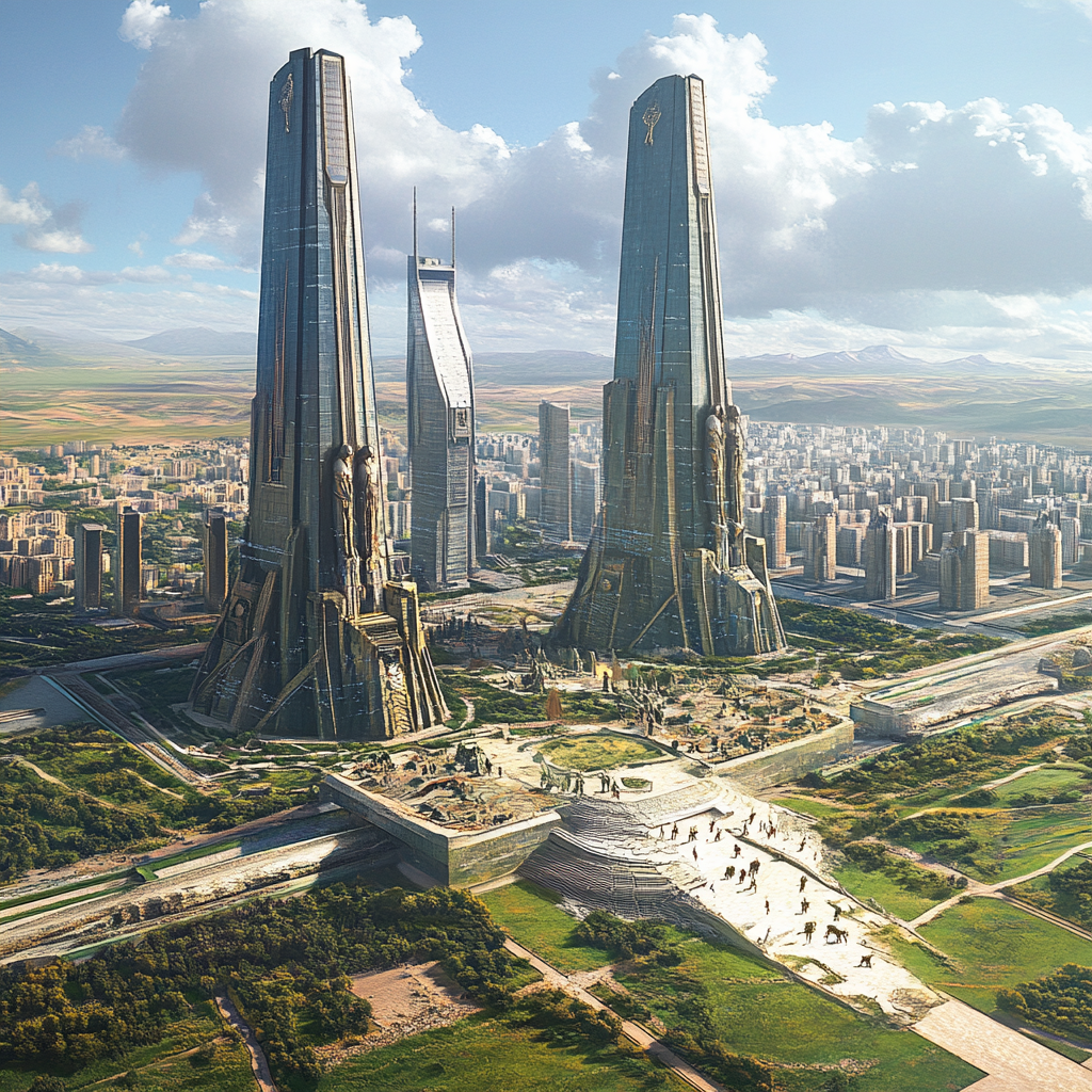 Modern city with Scythian-inspired structures, statues, and landscapes.