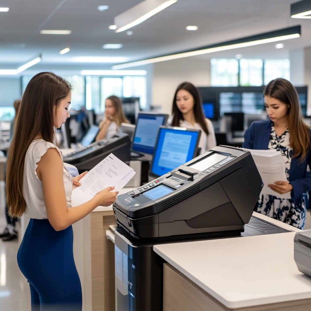 Modern copier machines in office with women workers