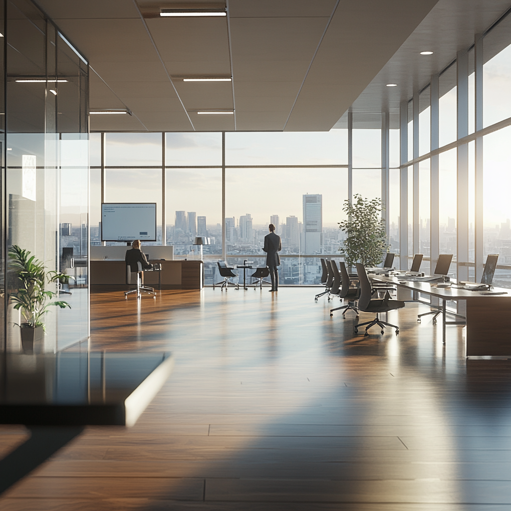 Modern corporate office with panoramic city view. Glass desks.