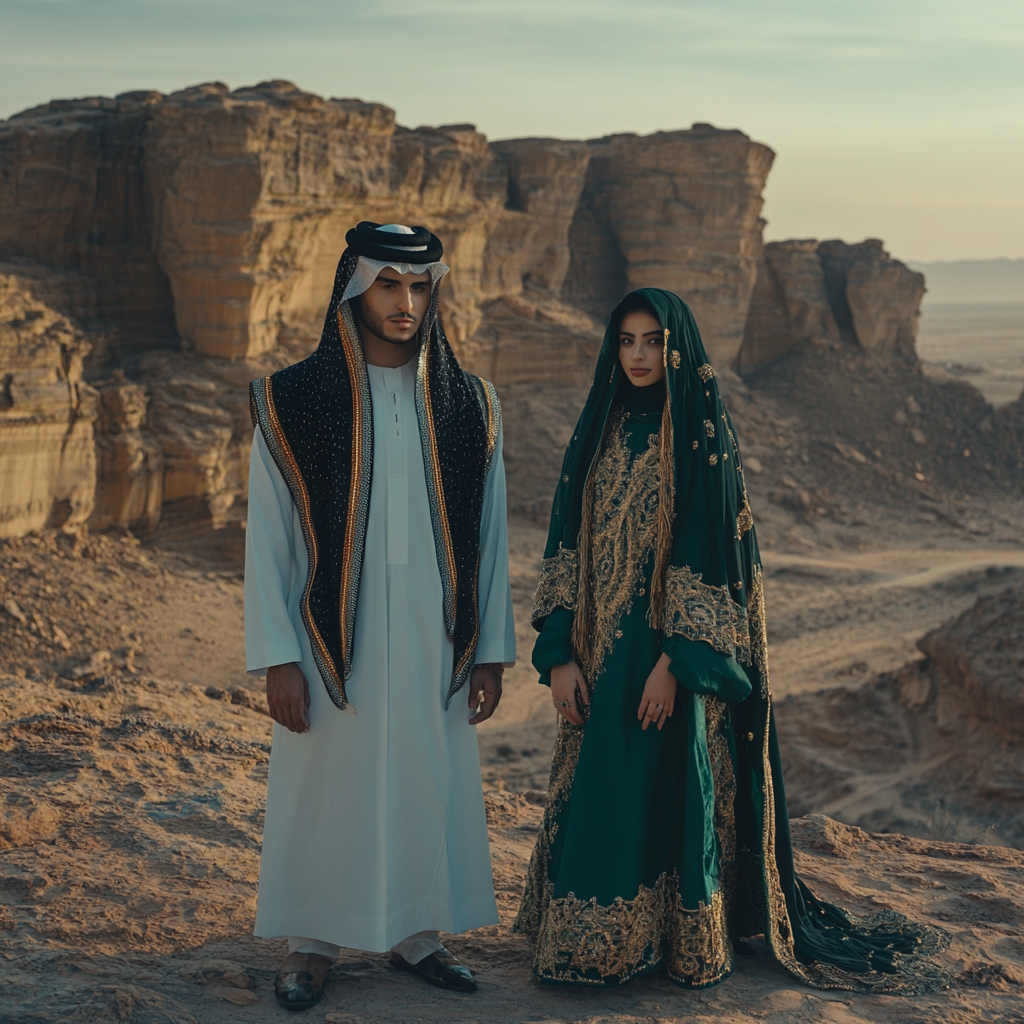 Modern couple in AlUla, Saudi traditional attire