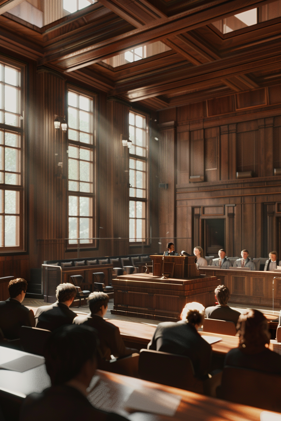 Modern courtroom scene with young educator speaking at podium.