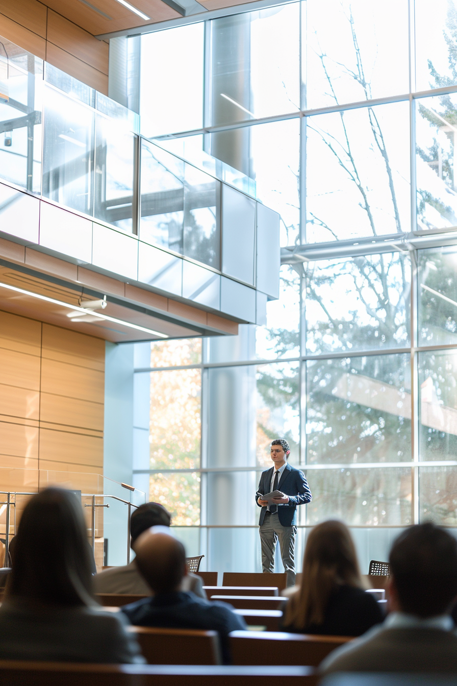 Modern courtroom with minimalist design, educator speaks confidently.