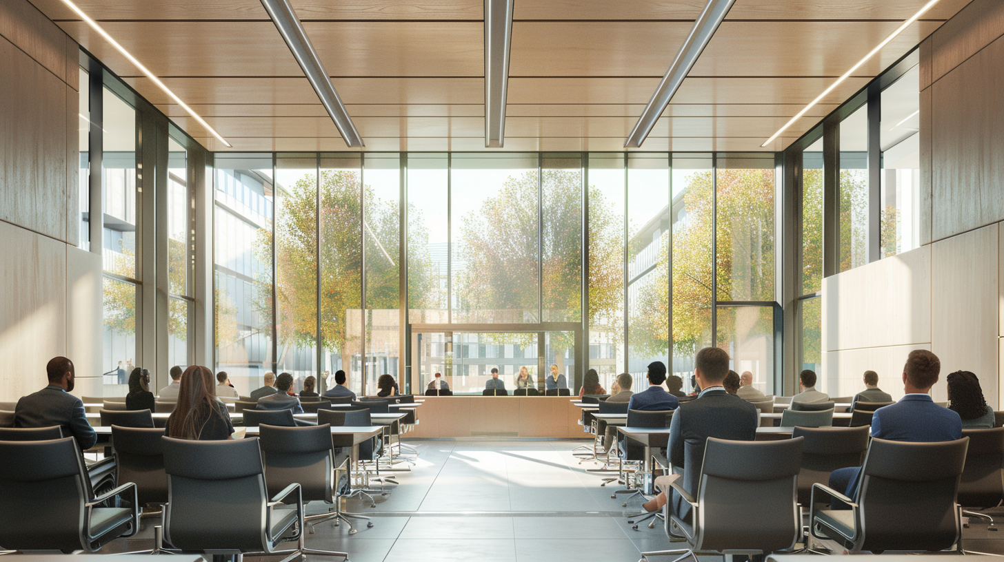 Modern courtroom with minimalist design, professional audience watches educator.