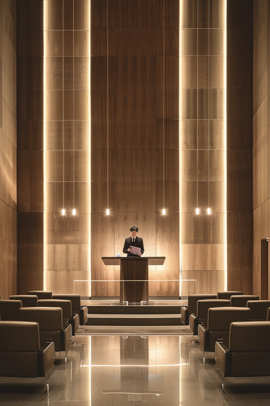 Modern courtroom with sleek wooden walls, large display.