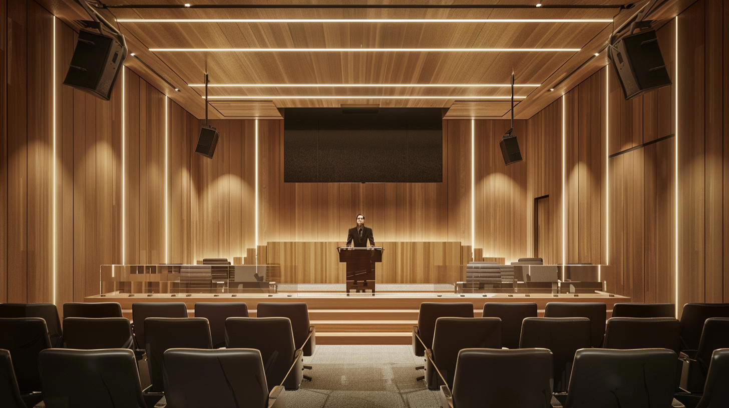 Modern courtroom with wooden walls, digital display, sleek design.