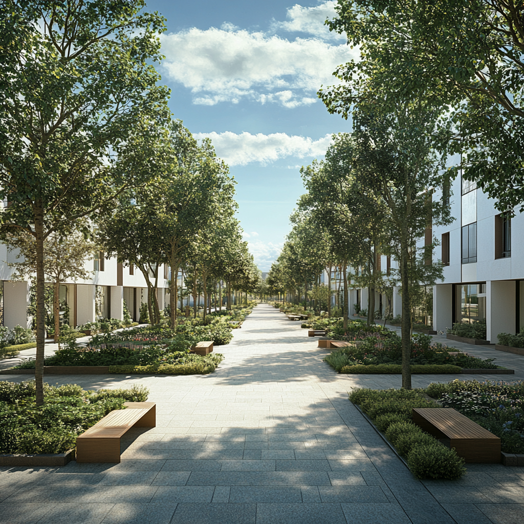 Modern downtown garden with trees, benches, and buildings. Sky is sunny with blue clouds.