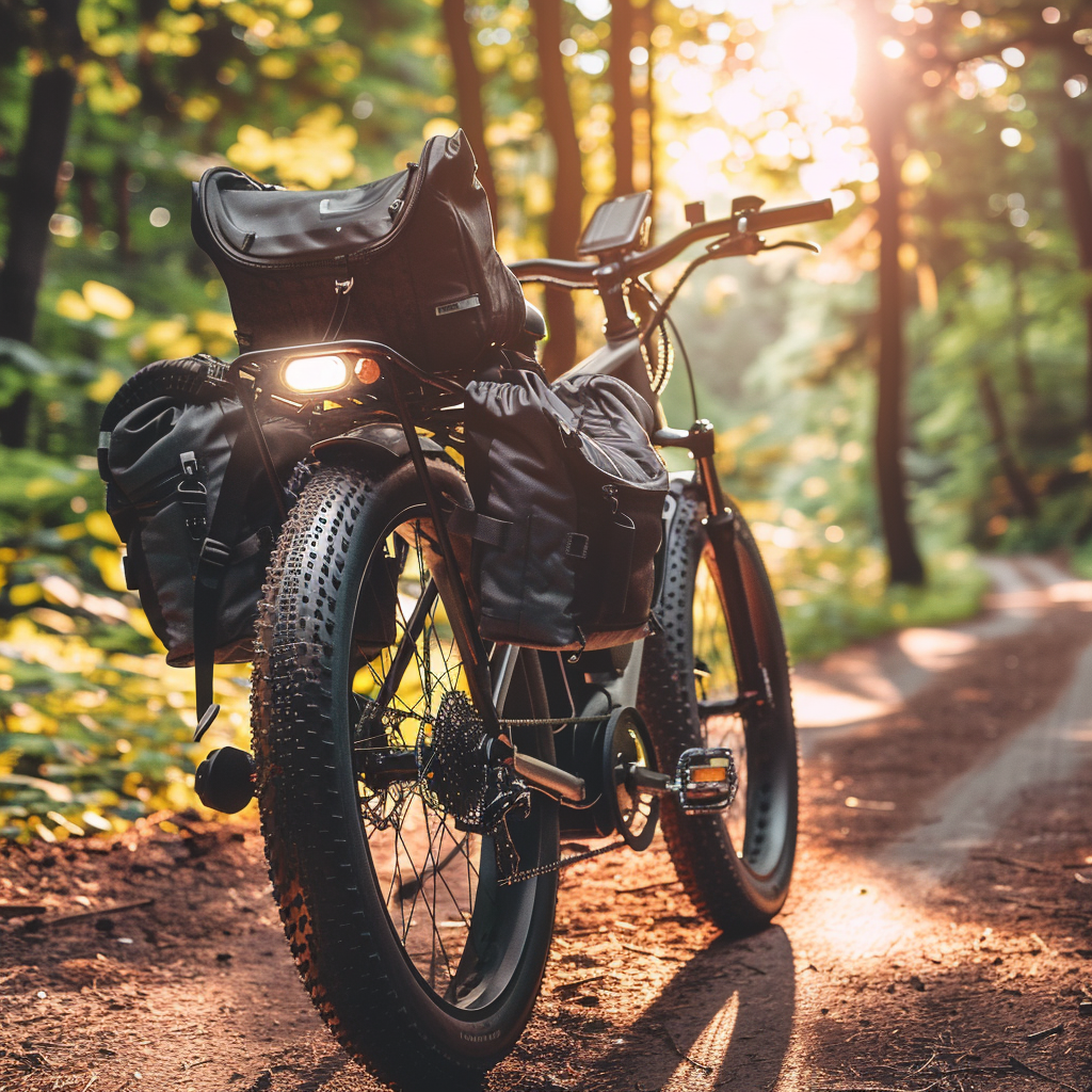 Modern electric bike with accessories on forest path