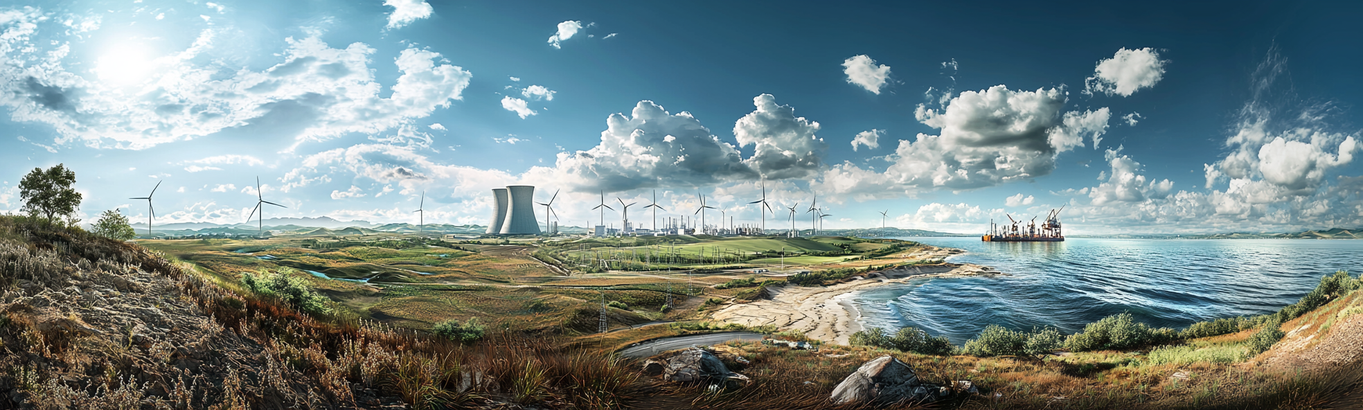 Modern energy landscape: Three interconnected sections harmoniously depicted.